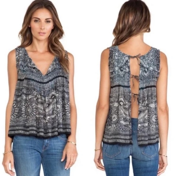 Free People Myna Tank in Floral Print Black Combo Frayed Raw Edges W-091 Sz S - Picture 2 of 13